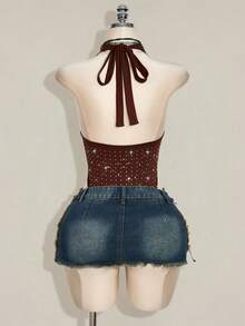 SHEIN ICON Rhinestone Halter Backless Bodysuit, Sexy Tight Fit Sleeveless For Women - Brown - View 2