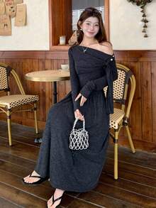 DAZY Women's Casual Solid Color Ruched 2 In 1 Long Sleeve Dress With Asymmetric Shoulder Maxi Dress Sundress - Grey - View 6