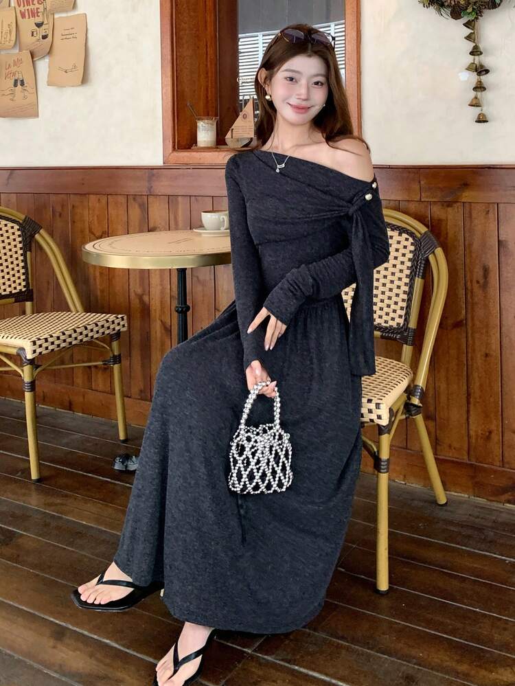 Women's Casual Solid Color Ruched 2 In 1 Long Sleeve Dress With Asymmetric Shoulder Maxi Dress Sundress