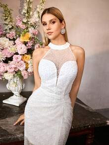 MOTF Soiréza 女士白色珍珠纹理面料开衩大腿露背派对鸡尾酒礼服 - 白色 - 查看 6