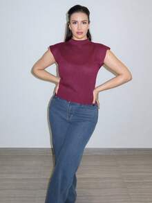 MDEdit 优雅高领宽松休闲百搭秋冬无袖针织毛衣背心 - 酒紅色 - 查看 3