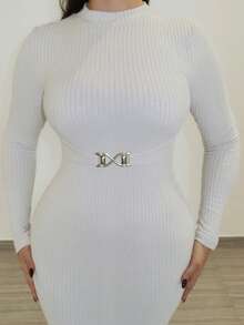 MDEdit Vestido texturizado de malha elástica para outono/inverno feminino, vestido justo com gola alta, vestido com fivela de metal, vestido elegante para mulheres, vestido casual, roupas femininas de outono/inverno, vestido de festa - Damasco - Ver 6