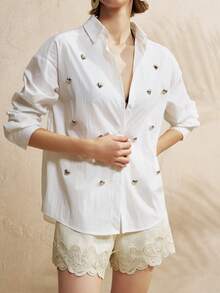 Airaco Áo sơ mi nữ dài tay, màu trơn, vai rớt, đính trái tim kim loại, kiểu dáng đơn giản, cài cúc. - trắng - Xem 5