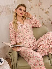 French Romantic Ditsy Floral Women Pajama Set - Multicolor - View 3