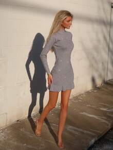 Sydney Algeri 秋冬新款针织镶钻立领长袖修身优雅荷叶边下摆女式毛衣裙 - 灰色 - 查看 4