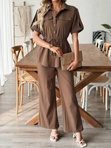 EMERY ROSE 女士抽绳短袖衬衫和休闲修身裤两件套 - 咖啡棕 - 查看 5