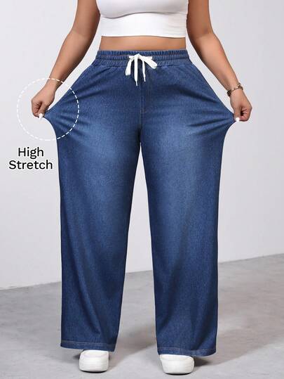 SHEIN PETITE CURVE PETITE Plus Size Women's Loose Drawstring Waist Jeans Vacation And Casual Comfortable High-Stretch Denim Fabric Straight-Leg Denim Jeans