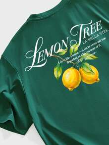 VIVINTIMO Olive Green Vacation Style Lemon Print Men's Drop Shoulder Short Sleeve T-Shirt Green Graphic Tee Lemon Tree Shirt Mens Tshirts Print On Back - Dark Green - View 5