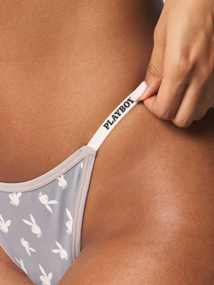 Missguided x Playboy Ribbed Thong Underwear With Bunny Logo Print And Elasticated Waistband For Everyday Comfort