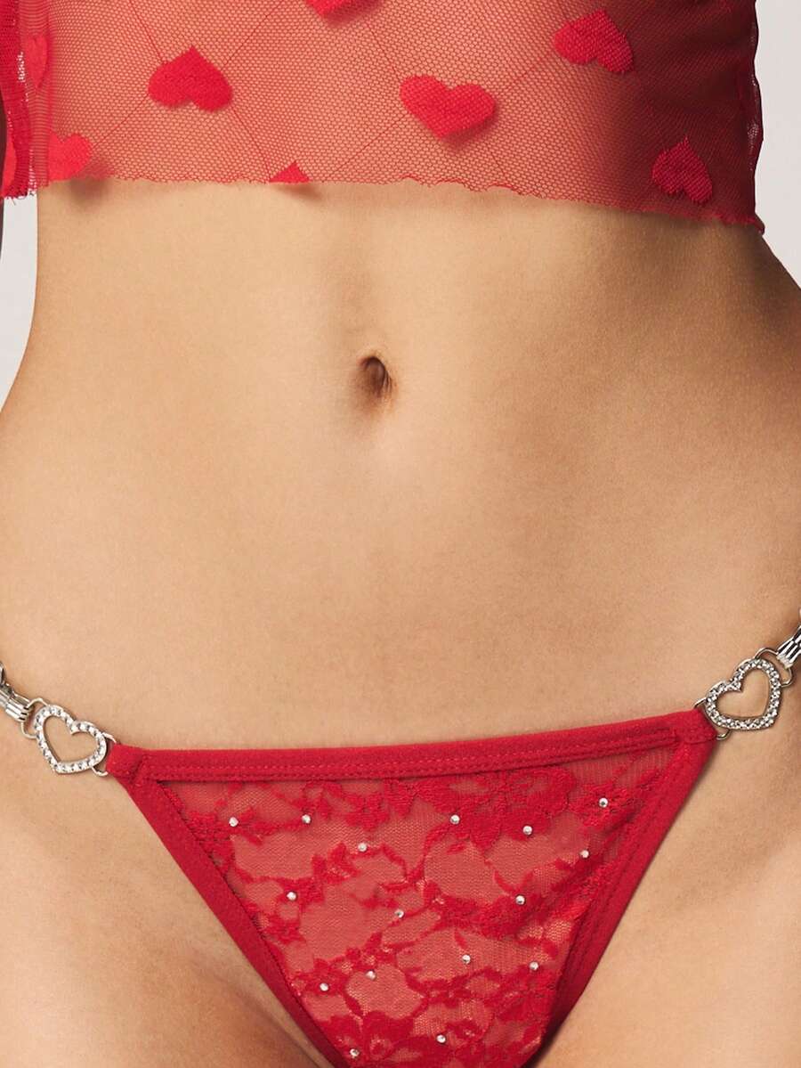 MISSGUIDED Heart Ring On Lace Thong With Rhinestone Details Valentine Gift Intimate Wear
