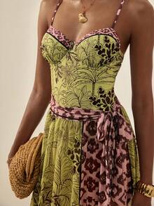 Écloséra 女士两件式印花性感吊带连体泳衣，侧边系带裙摆，夏季 - 彩色 - 查看 4