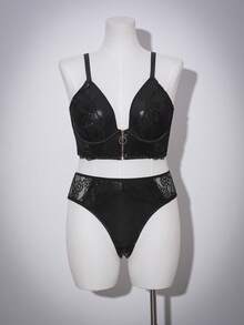 AltCore Conjunto de 2 piezas de top con parches de encaje y tela reflectante + panty, talla grande y sexy - Negro - Ver 6