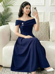 SHEIN 少女藏蓝色交叉领口收腰A字长款派对礼服/正式礼服 - 寶藍色 - 查看 1