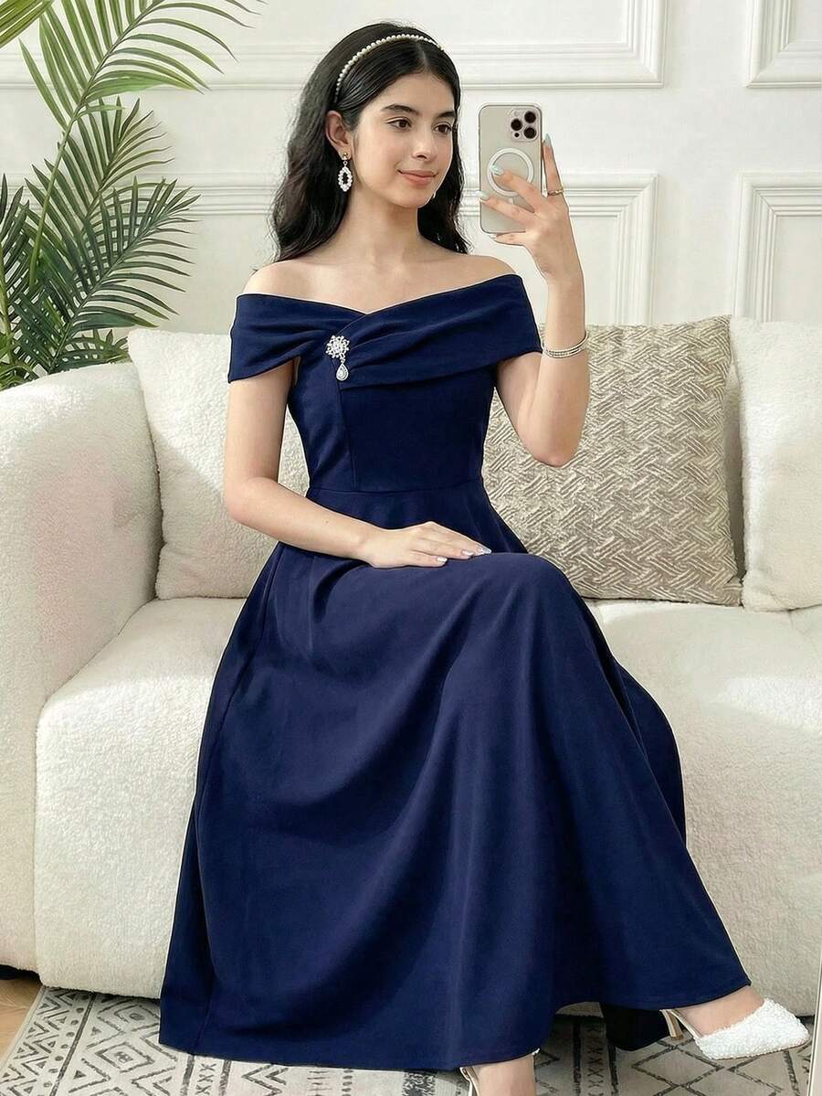 SHEIN 少女藏蓝色交叉领口收腰A字长款派对礼服/正式礼服 - 寶藍色 - 查看 1