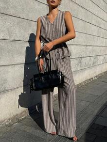DAZY Women's Casual Striped Sleeveless Shirt And Pants Suit, Summer - Brown - View 7