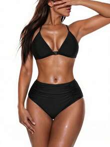 Swim Vcay Summer Beach Women's Ruched Swim Bottom Wedding - Black - View 5