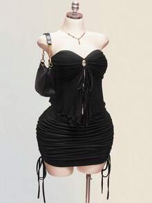 SHEIN ICON Plus-Size Women's Retro Y2K Black Summer 70's Night Out Club Party Hollowed-Out Drawstring Mesh Strapless Top&Slim Pencil Skirt Set,Valentine's Day - Black - View 6