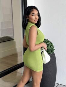 Alexandranx 女式不对称肩部褶皱和 3d 花朵装饰连衣裙 - 綠色 - 查看 5