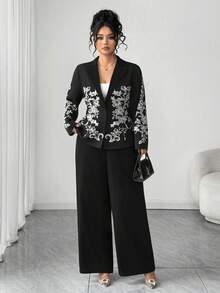 Elenzga New Season Long Sleeve Blazer Collar Cinched Waist Printed Jacket & Extended Pants Suit Set, Suitable For Daily Office Occasions And Holiday Events - Black - View 6