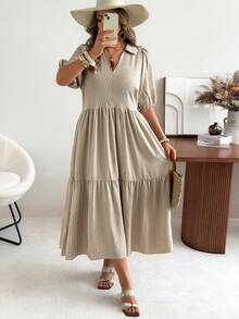 Ceyna Vestido corto de manga corta con cuello en V, estilo casual, a rayas y lunares, vestido de picnic para mujer, ropa de resort, vestido casual de verano a rayas y midi, vestido de verano estilo prairie, vestidos de verano para mujer, vestido con volantes, vestido casual con cuello en V para mujer - Caqui - Ver 5