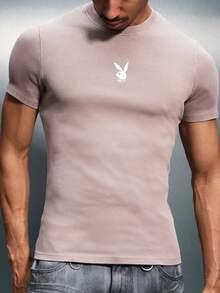 PLAYBOY X SUMWON Bunny Logo Crew Neck Short Sleeve Muscle Tee Ribbed Cotton Casual Everyday Essential Basic Top - Brown - View 1