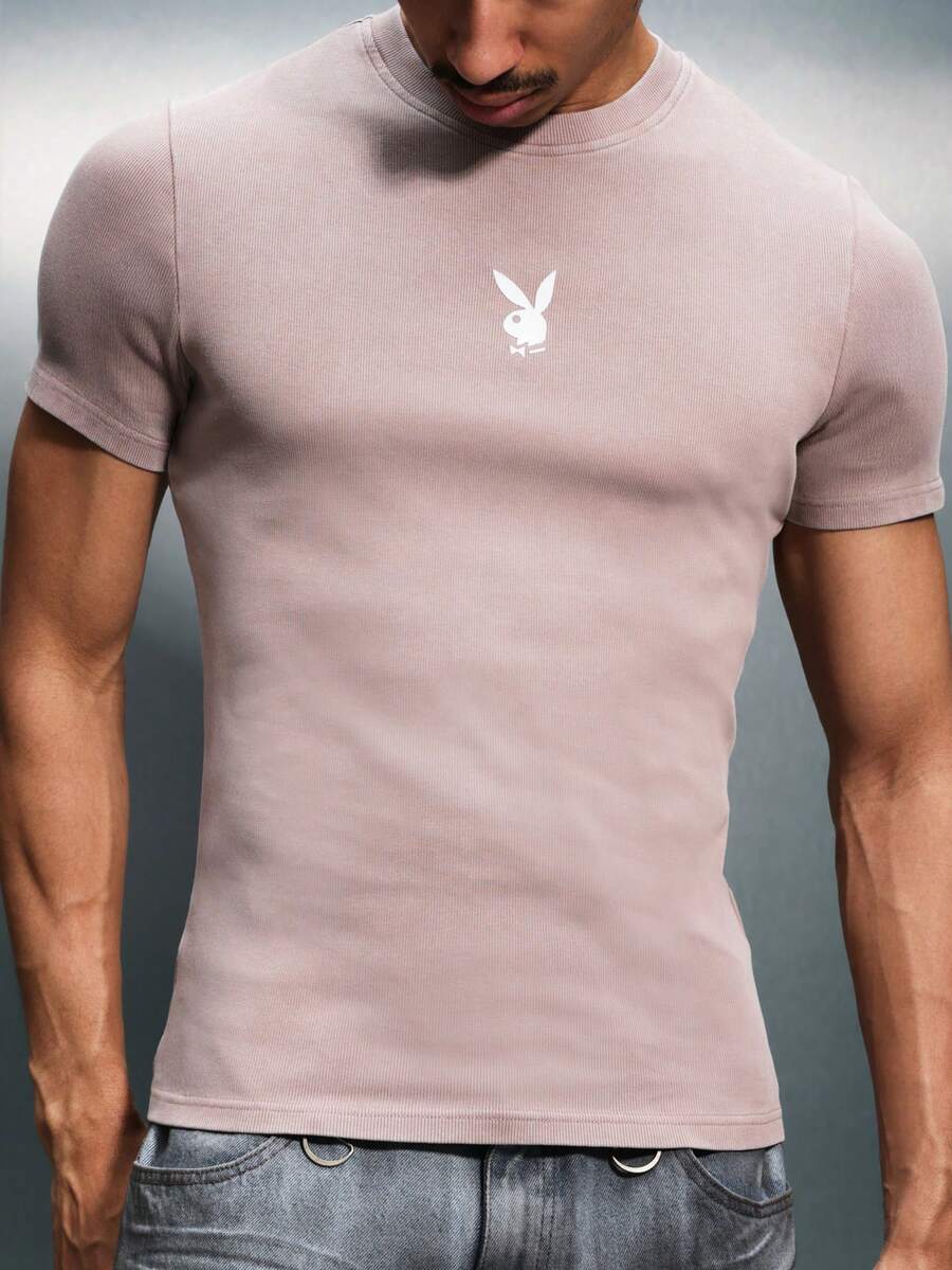 PLAYBOY X SUMWON Bunny Logo Crew Neck Short Sleeve Muscle Tee Ribbed Cotton Casual Everyday Essential Basic Top - Brown - View 1