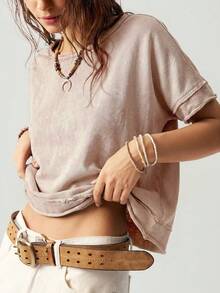 Bohemela Áo thun nữ dệt kim cổ tròn tay ngắn màu trơn dáng rộng, khoét lưng hình bướm. - Màu be - Xem 5