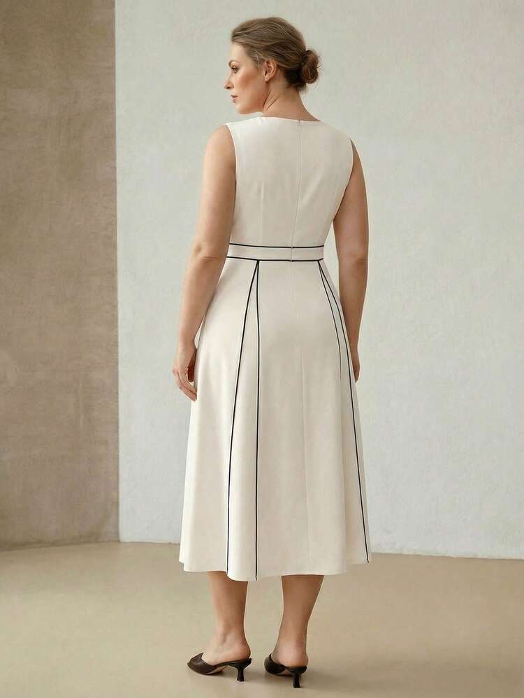 VESTIDO MIDI COM CONTRASTE ELEGANTE DE PIPING, PRIMAVERA/VERÃO