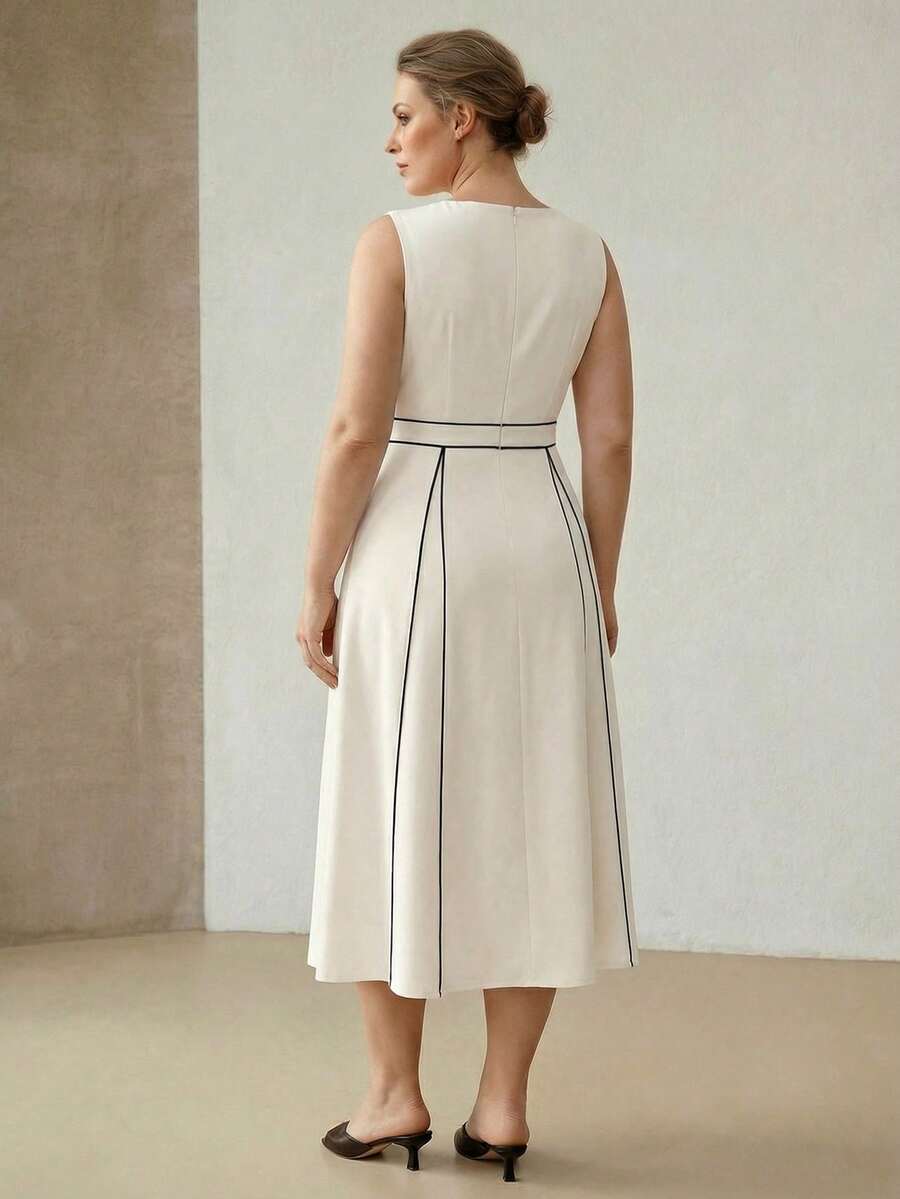 MOTF PREMIUM PLUS ELEGANT CONTRAST PIPING MIDI DRESS, SPRING/SUMMER - Apricot - View 2