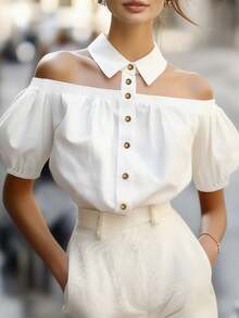 EMERY ROSE Women's Fashion Off-Shoulder Collar Placket Splice Elastic Gathered Puff Sleeve Romantic Elegant Casual Commute Date Party Dining Blouse, Spring/Summer - White - View 1