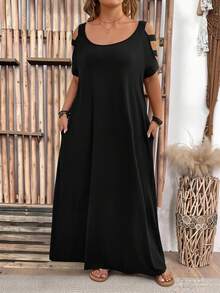 SHEIN LUNE 大码镂空短袖针织圆领休闲连衣裙，优雅百搭，适合日常穿着和通勤。 - 黑色 - 查看 3