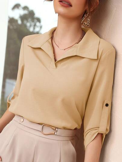 Mulvari 女士纯色翻领卷袖优雅办公衬衫，春夏款