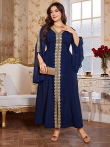 Reflora 大码女式贴花装饰开衩袖优雅连衣裙 - 藍色 - 查看 8