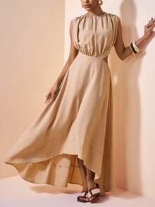 Zivah 2026 Vacation Casual Unique Ruched Asymmetrical Hem Elegant Beige Dress - Khaki - View 7