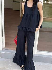 DAZY 女士休闲荷叶边无袖上衣和裤子两件套 - 藏蓝色 - 查看 4