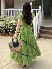 DAZY Women's V-Neck Fresh Lace Ruffled Hem Korean Style Midi Dress, Summer - Green - View 1