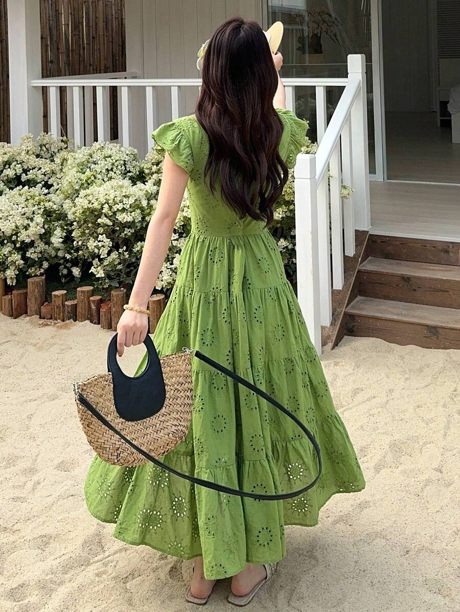 DAZY Women's V-Neck Fresh Lace Ruffled Hem Korean Style Midi Dress, Summer - Green - View 1