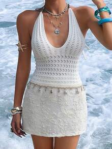 Fashionable Ivory White Knit Halter Top With Starfish Pendant Necklace,Summer Casual Vacation Holiday Beach Elegant Party Clubs Date Night Out - White - View 5