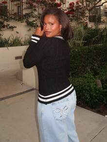 Tyla Gomez Women's Casual Contrast Trim Sweater, Autumn,Tops For School - Black - View 3