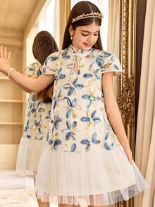 SHEIN Tween Girls' Fashionable & Elegant Mesh Patchwork 3D Floral Decor Dress Floral Mesh Dress For Girls Tulle Dress For Girls Cute Kids Jacquard Dresses - Multicolor - View 5