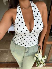 SHEIN EZwear 大码波点印花系带露背无袖上衣 - 黑與白 - 查看 3