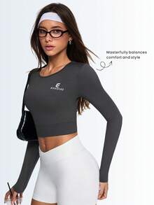 Eassivo Eassivo 女士露背镂空运动上衣，修身显瘦，适合健身、骑行、训练、瑜伽等场合，长袖 - 灰色 - 查看 7