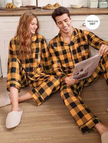 Men's Retro Casual Contrast Plaid & "His" Letter Print Lapel Long Sleeve Loose Loungewear Set - Yellow - View 3