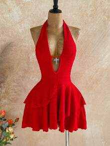 Soleia 性感V领交叉装饰镂空露背吊带纹理面料多层不规则下摆迷你连衣裙，适合派对、圣诞节、约会、夜店、海滩、邮轮、下午茶、波西米亚风、度假、秋季女装、复古风 - 紅色 - 查看 8