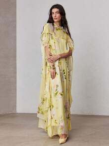 ZEYLAH 飘逸长款腰带浪漫宽松印花连衣裙，春季 - 淡黃色 - 查看 5