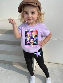 2件套女婴休闲时尚创意个性清新简约可爱虚拟少女组合卡通人物彩色星星图案字母印花短袖T恤和打底裤套装，舒适日常穿着，适合春、夏、秋季 - 彩色 - 查看 7