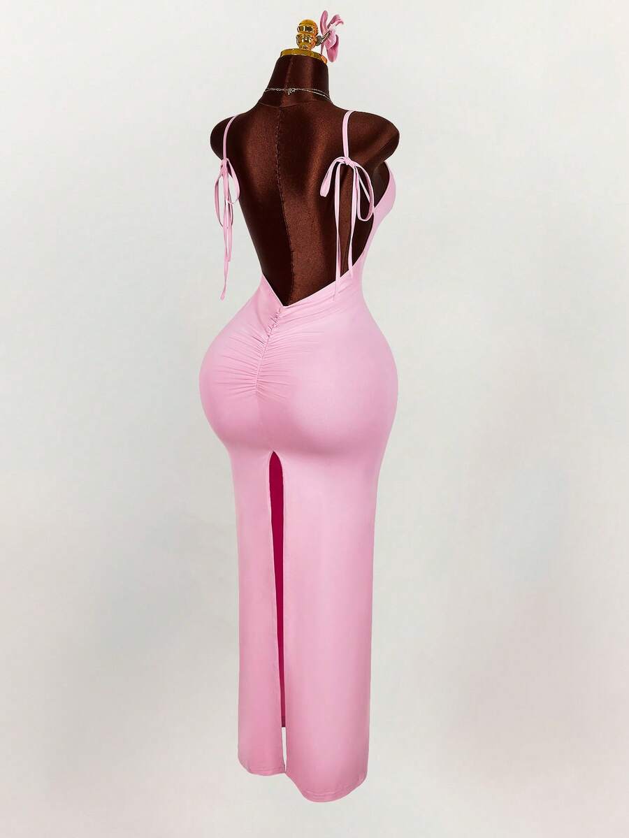 Amplova Đầm ôm sát dáng suông, cổ rộng, dây mảnh, thắt nơ, hở lưng, xếp ly, xẻ tà cao. - Hồng - Xem 1