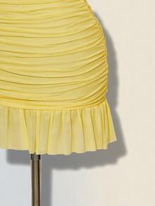 ICON Vestido mini ajustado de mujer de unicolor elegante con malla y drapeado - Amarillo claro - Ver 6
