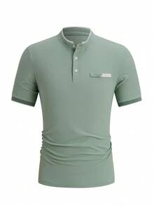 Calvornis 男士鼠尾草綠夏季休閒工作短袖 Polo 衫，立領日常休閒通勤，老錢風父親/男友生日禮物，儀式感 - 綠色 - 查看 3
