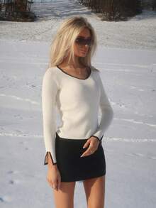 Sydney Algeri 黑色边缘、开衩袖口、修身款女士休闲毛衣、长袖上衣 - 杏色 - 查看 6